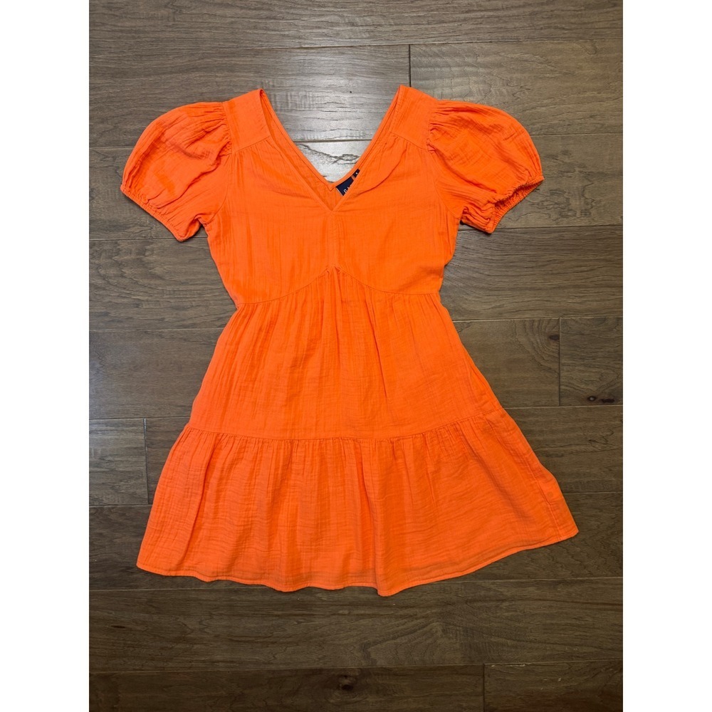 Gap Orange Cotton Double Gauze Puff Sleeve Tiered Mini Dress Small V-Neck Pocket - Picture 2 of 8